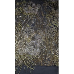 Organza Bordado Jacquard com Pedrarias Premium Tons de Dourado HT72374