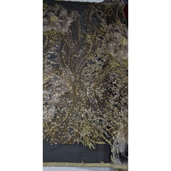 Organza Bordado Jacquard com Pedrarias Premium Tons de Dourado HT72374