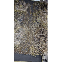 Organza Bordado Jacquard com Pedrarias Premium Tons de Dourado HT72374