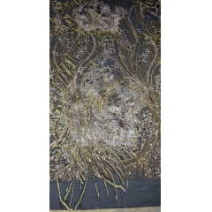Organza Bordado Jacquard com Pedrarias Premium Tons de Dourado HT72374