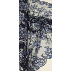 Tule Azul Marinho Bordado Coreano Com Pedrarias Multicolor Azul Jeans 9405