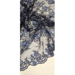 Tule Azul Marinho Bordado Coreano Com Pedrarias Multicolor Azul Jeans 9405