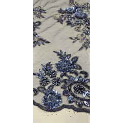 Tule Azul Marinho Bordado Coreano Com Pedrarias Multicolor Azul Jeans 9405