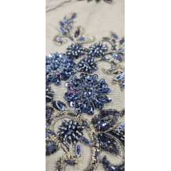 Tule Azul Marinho Bordado Coreano Com Pedrarias Multicolor Azul Jeans 9405