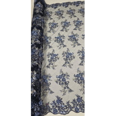 Tule Azul Marinho Bordado Coreano Com Pedrarias Multicolor Azul Jeans 9405