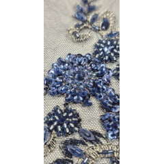 Tule Azul Marinho Bordado Coreano Com Pedrarias Multicolor Azul Jeans 9405