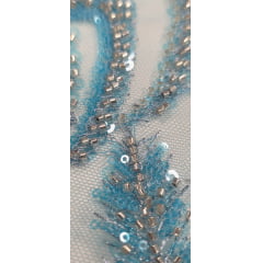 Tule Azul Turquesa Bordado Premium com Pedrarias Prata  HS1055 