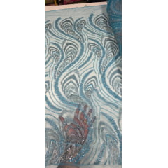 Tule Azul Turquesa Bordado Premium com Pedrarias Prata  HS1055 