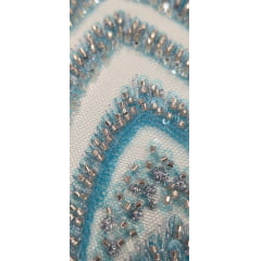 Tule Azul Turquesa Bordado Premium com Pedrarias Prata  HS1055 