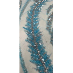 Tule Azul Turquesa Bordado Premium com Pedrarias Prata  HS1055 