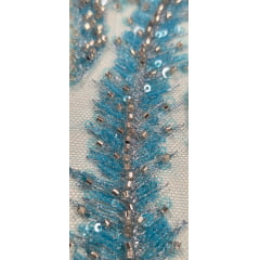 Tule Azul Turquesa Bordado Premium com Pedrarias Prata  HS1055 