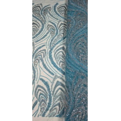 Tule Azul Turquesa Bordado Premium com Pedrarias Prata  HS1055 