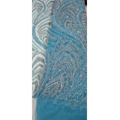 Tule Azul Turquesa Bordado Premium com Pedrarias Prata  HS1055 