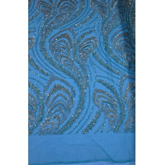 Tule Azul Turquesa Bordado Premium com Pedrarias Prata  HS1055 