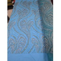 Tule Azul Turquesa Bordado Premium com Pedrarias Prata  HS1055 