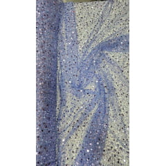 Tule Bordado Azul Serenity com Paetês e Pedrarias Lilás Claro