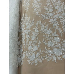 Tule Bordado Branco com Pedrarias Premium em 3D Branco JD346