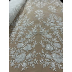 Tule Bordado Branco com Pedrarias Premium em 3D Branco JD346