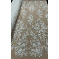 Tule Bordado Branco com Pedrarias Premium em 3D Branco JD346