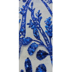 Tule Bordado com Glitter e Paetês Colados Azul Royal  ST2025 