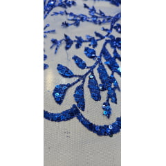 Tule Bordado com Glitter e Paetês Colados Azul Royal  ST2025 