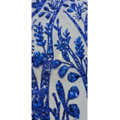 Tule Bordado com Glitter e Paetês Colados Azul Royal  ST2025 