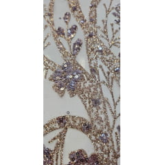 Tule Bordado com Glitter e Paetês Colados Rosê Gold  ST2025  