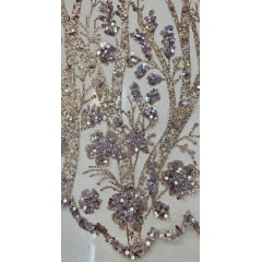 Tule Bordado com Glitter e Paetês Colados Rosê Gold  ST2025  