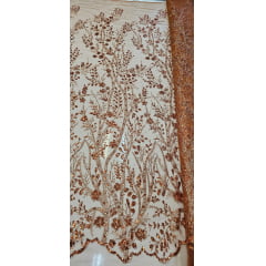 Tule Bordado com Glitter e Paetês Colados Terracota  ST2025 