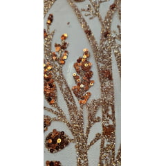 Tule Bordado com Glitter e Paetês Colados Terracota  ST2025 