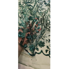 Tule Bordado com Glitter e Paetês Colados Verde Floresta  ST2025