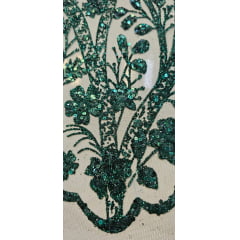 Tule Bordado com Glitter e Paetês Colados Verde Floresta  ST2025