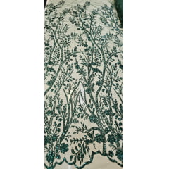 Tule Bordado com Glitter e Paetês Colados Verde Floresta  ST2025