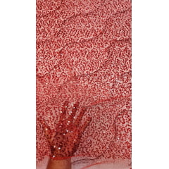 Tule Bordado com Glitter e Paetês Vermelho Cereja HS2128