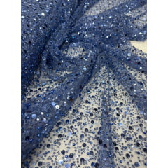 Tule Bordado com Paetês e Pedrarias Azul Jeans