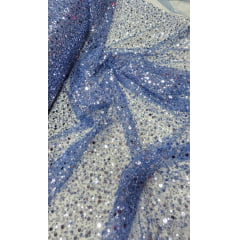 Tule Bordado com Paetês e Pedrarias Azul Jeans