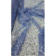 Tule Bordado com Paetês e Pedrarias Azul Jeans