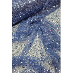 Tule Bordado com Paetês e Pedrarias Azul Jeans