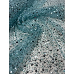 Tule Bordado com Paetês e Pedrarias Azul Tiffany