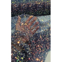 Tule Bordado com Paetês e Pedrarias Holográficos Azul Marinho