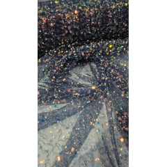 Tule Bordado com Paetês e Pedrarias Holográficos Azul Marinho
