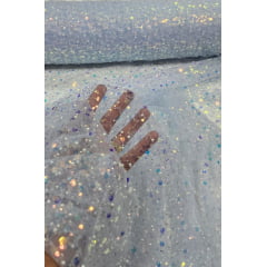 Tule Bordado com Paetês e Pedrarias Holográficos Azul Serenity