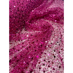 Tule Bordado com Paetês e Pedrarias Pink