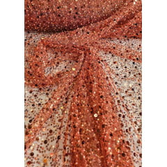 Tule Bordado com Paetês e Pedrarias Terracota