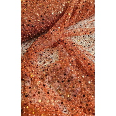 Tule Bordado com Paetês e Pedrarias Terracota