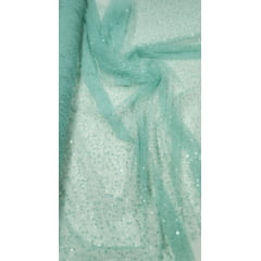 Tule Bordado com Paetês e Pedrarias Verde Tiffany
