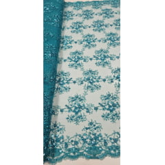 Tule Bordado Com Pedraria Coreano Verde Jade 034D
