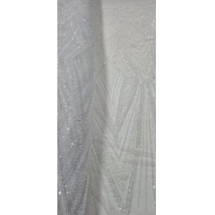 Tule Bordado com Pedraria Premium Branco F24Y Tule Bordado com Pedraria Premium Branco F24Y