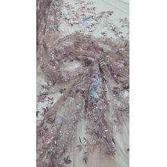 Tule Bordado com Pedrarias Premium Primavera Multicolor Rosê