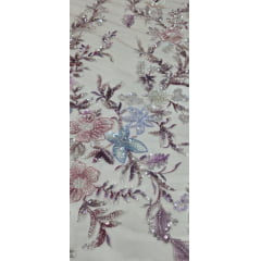 Tule Bordado com Pedrarias Premium Primavera Multicolor Rosê